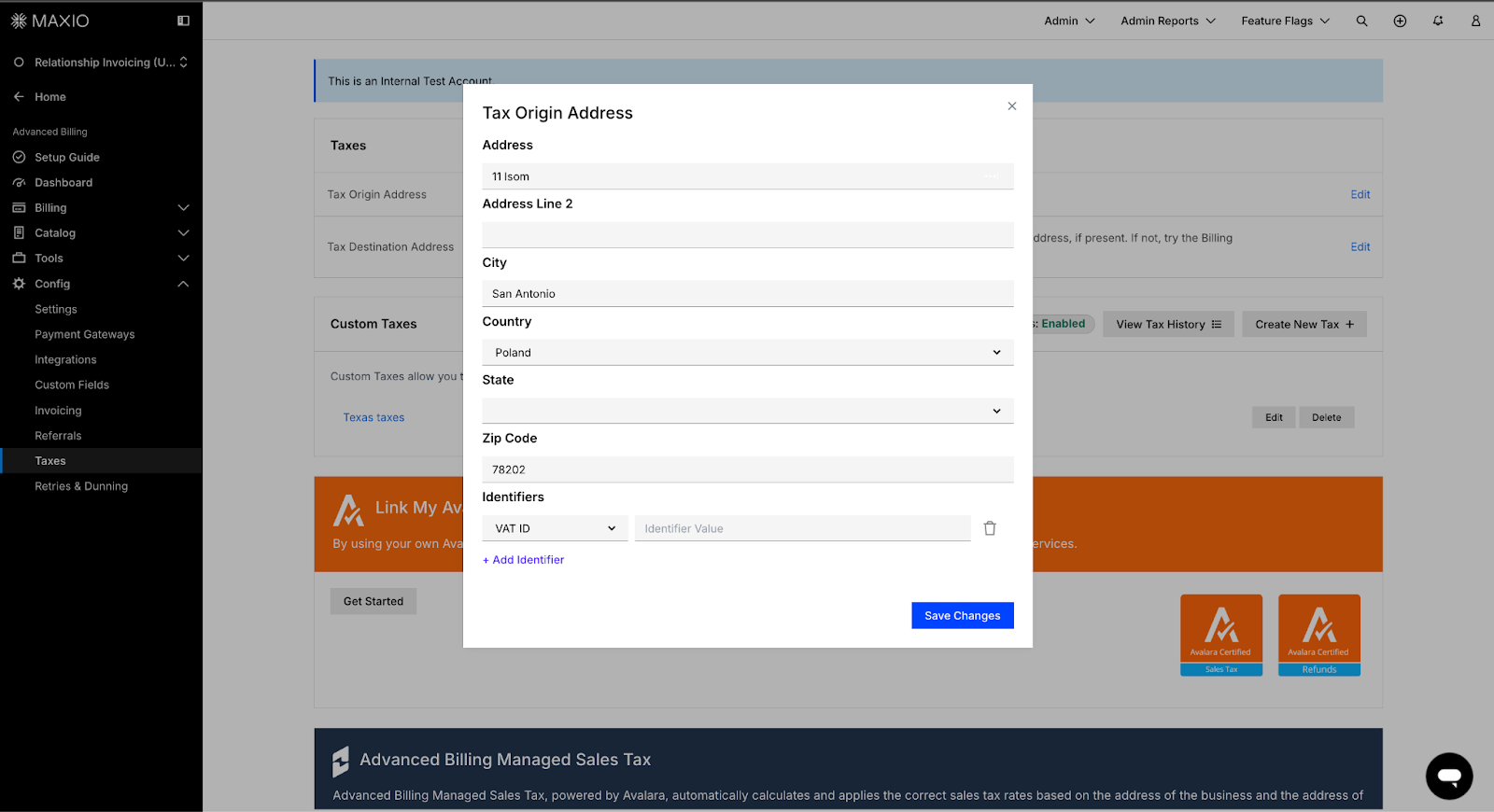 Tax origin address dialog over the taxes page, with address, city, country, state and zip fields