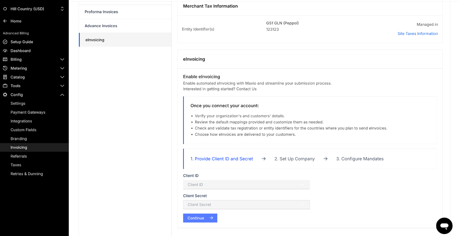 Avalara eInvoicing enable screen showing merchant tax information, what happens once you connect, and step 1 of the connect wizard with Client ID and Client Secret fields