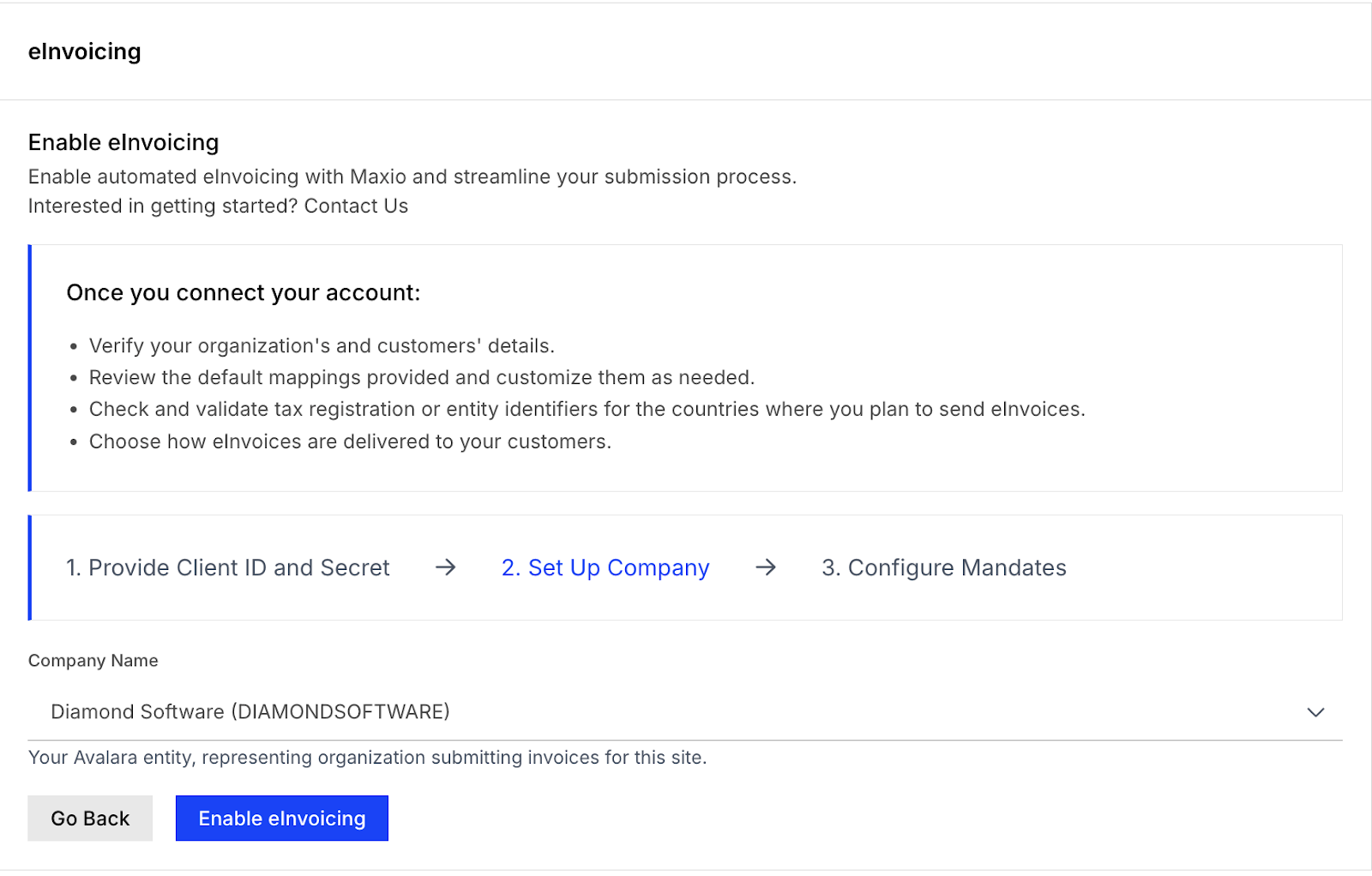 eInvoicing wizard on step 2, Set Up Company, with a Company Name dropdown and Go Back and Enable eInvoicing buttons