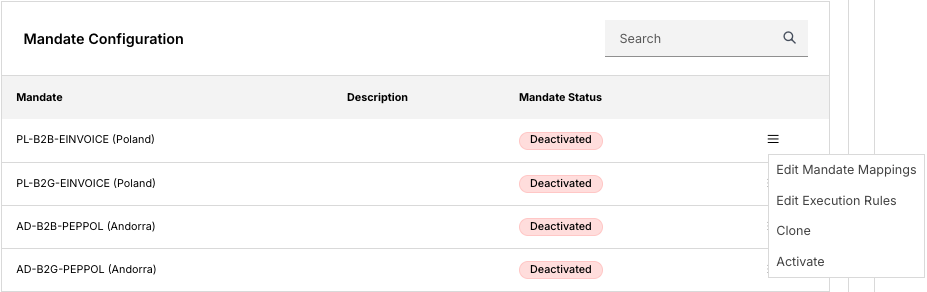 Mandate configuration with a row menu open on editing mandate mappings and execution rules