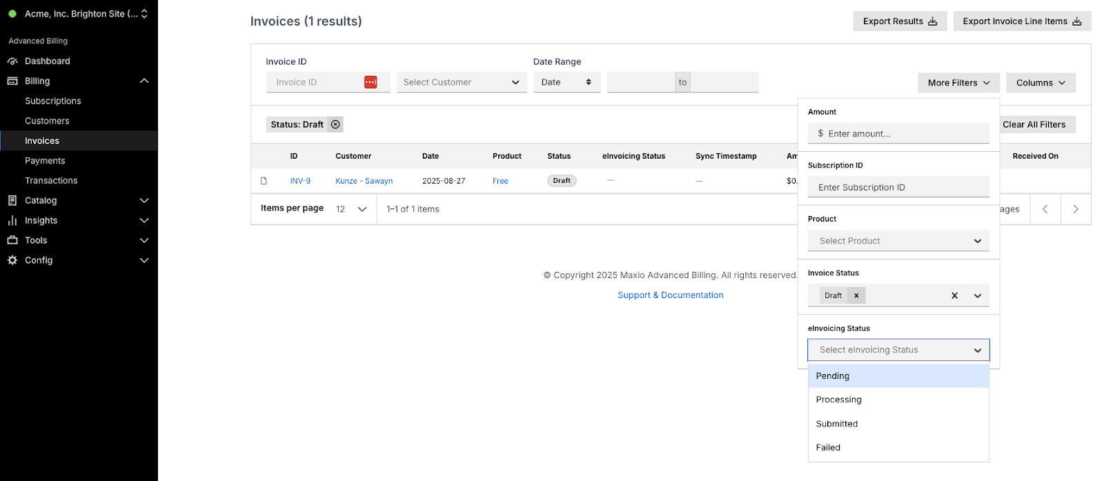 Invoices list with per-document status and action columns and filter and export controls