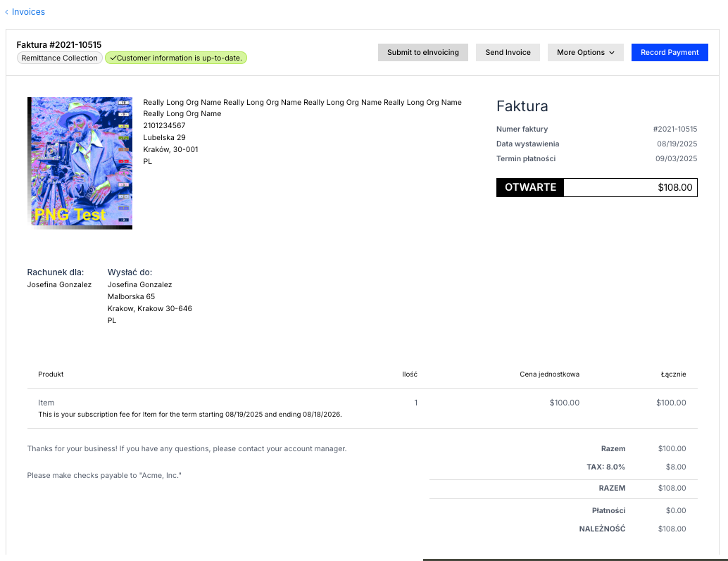 Invoice document rendered in Polish, with controls to submit to eInvoicing and send the invoice