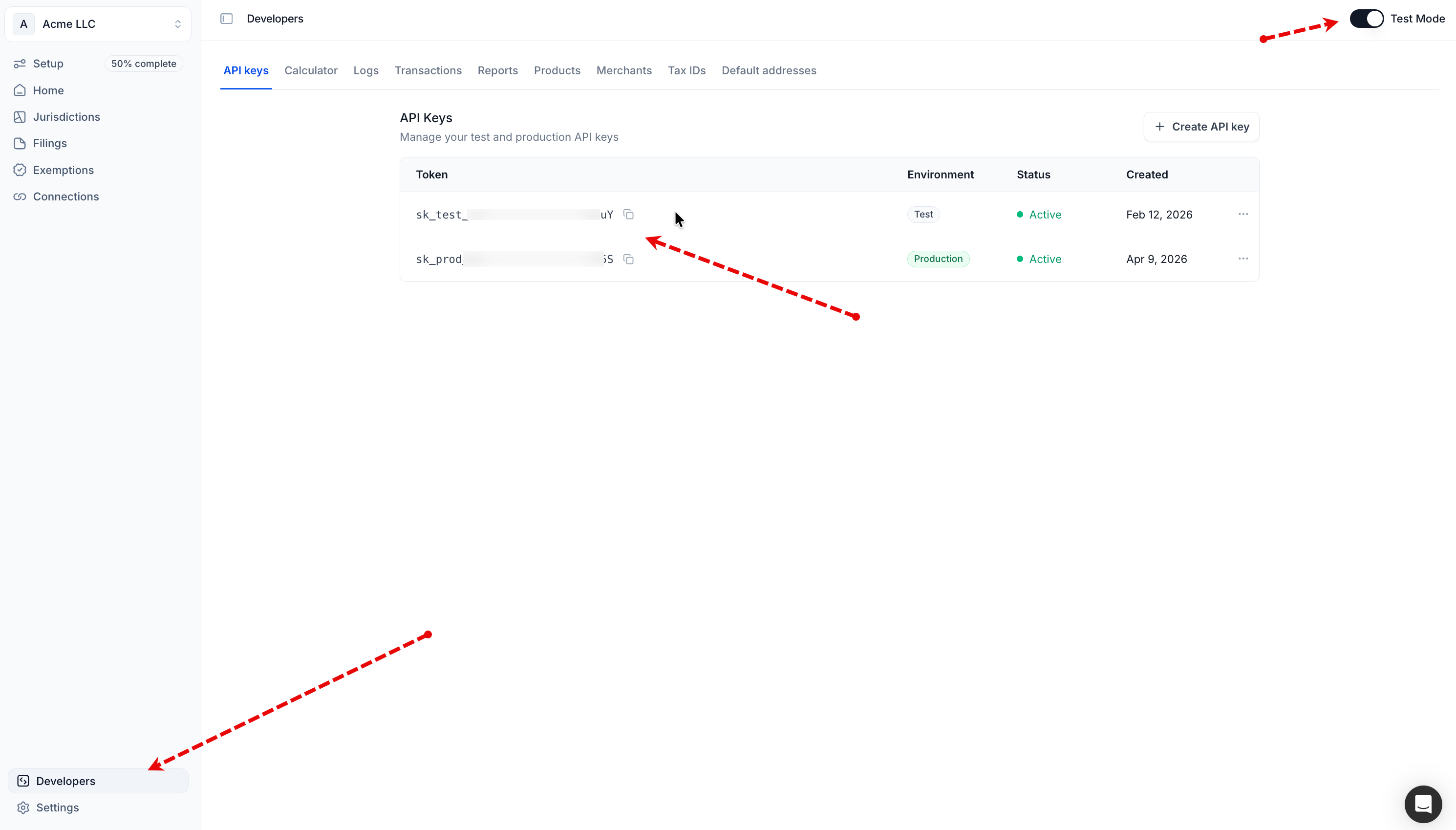 Numeral API key management with live and sandbox key rows annotated