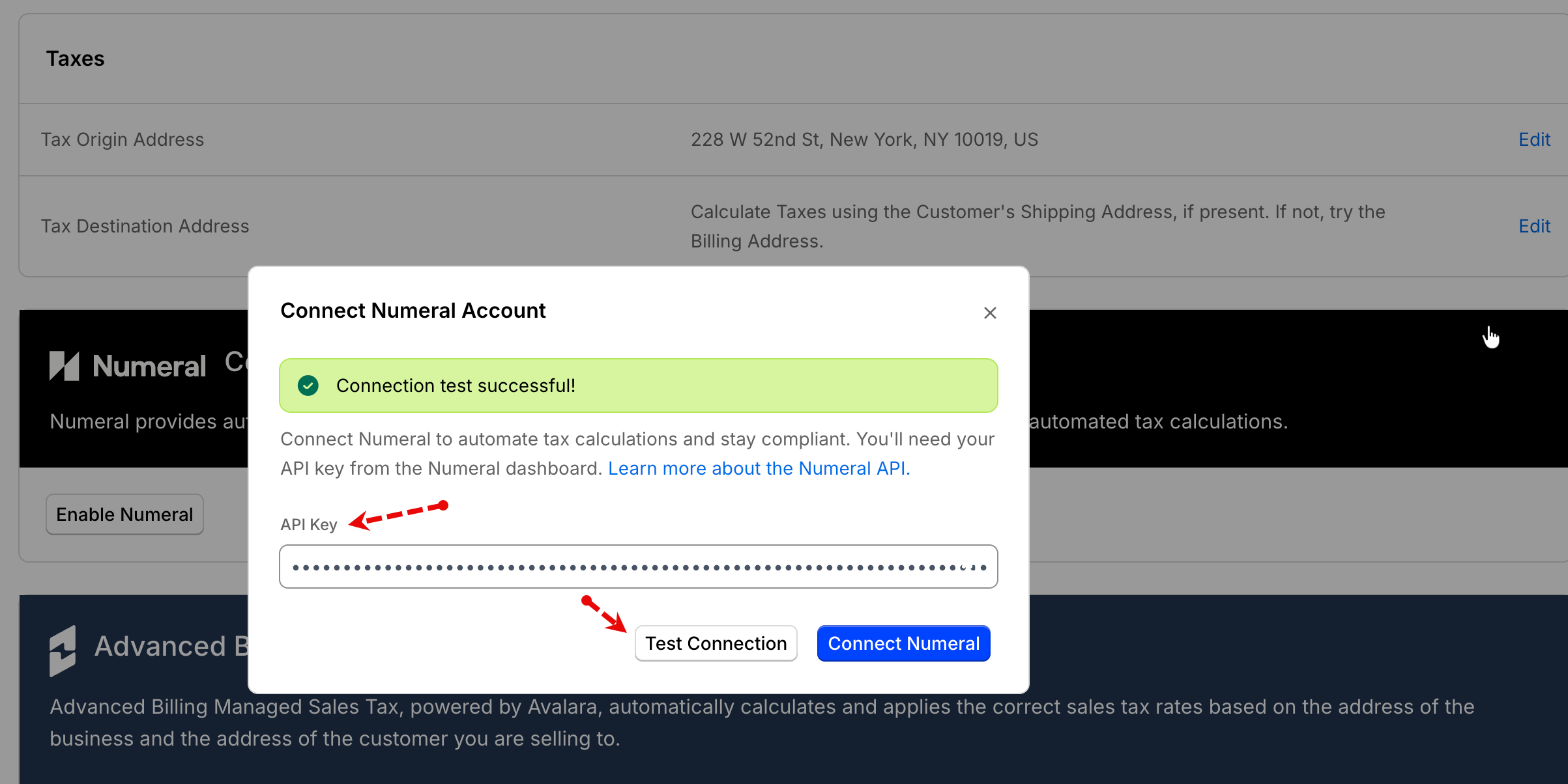 Numeral connect modal confirming the connection test succeeded