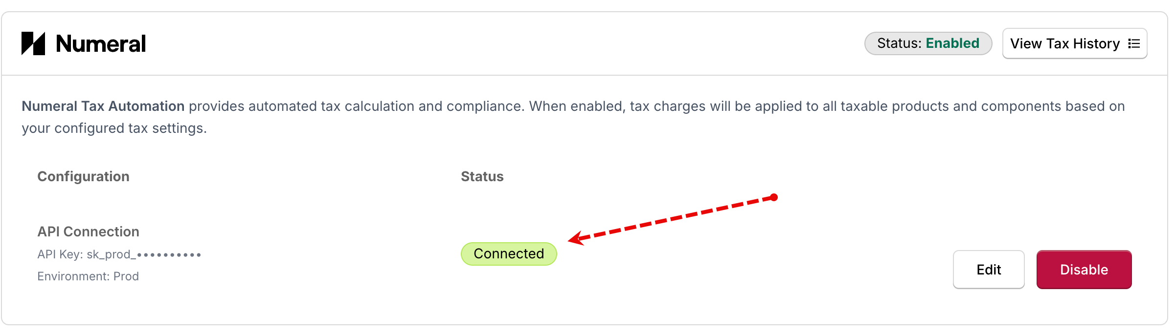 Numeral tax automation panel connected, with edit and disable controls and a masked key