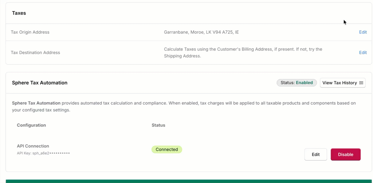 Recording of the tax origin address being set on the Maxio taxes settings page