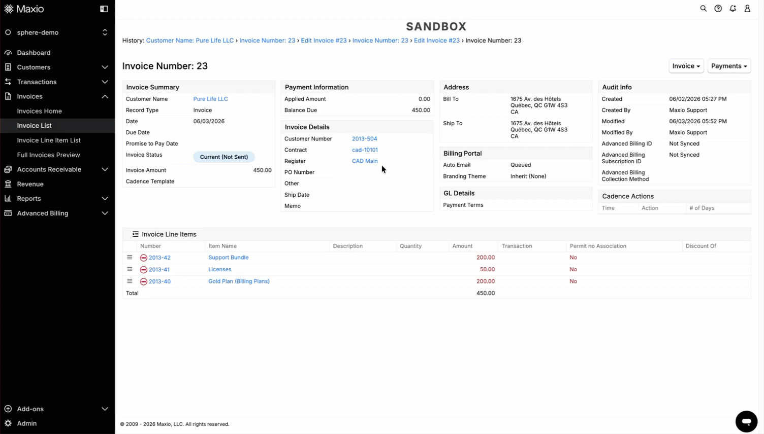 Recording of a Maxio Core invoice, showing its linked Contract and Register alongside the Advanced Billing sync status in Audit Info