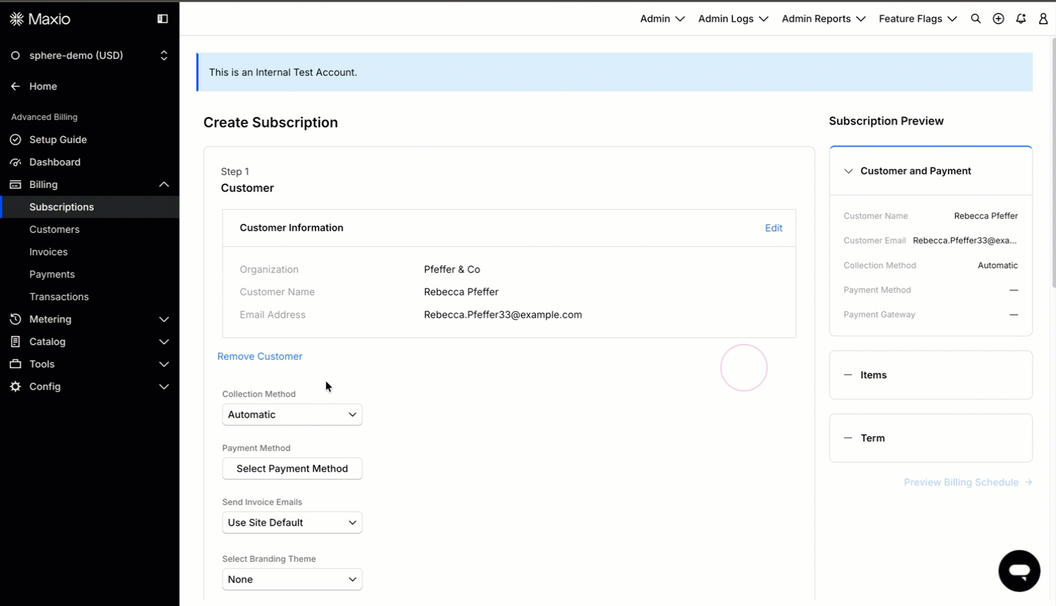 Recording of a subscription being built with taxable line items, ending on a cost preview