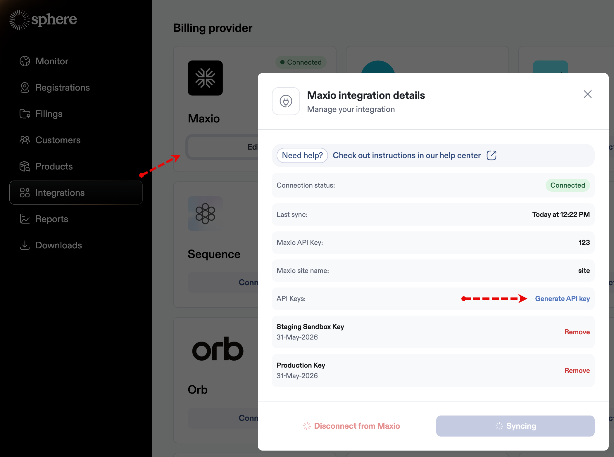 Sphere integration details with connection status, last sync and the Maxio API key