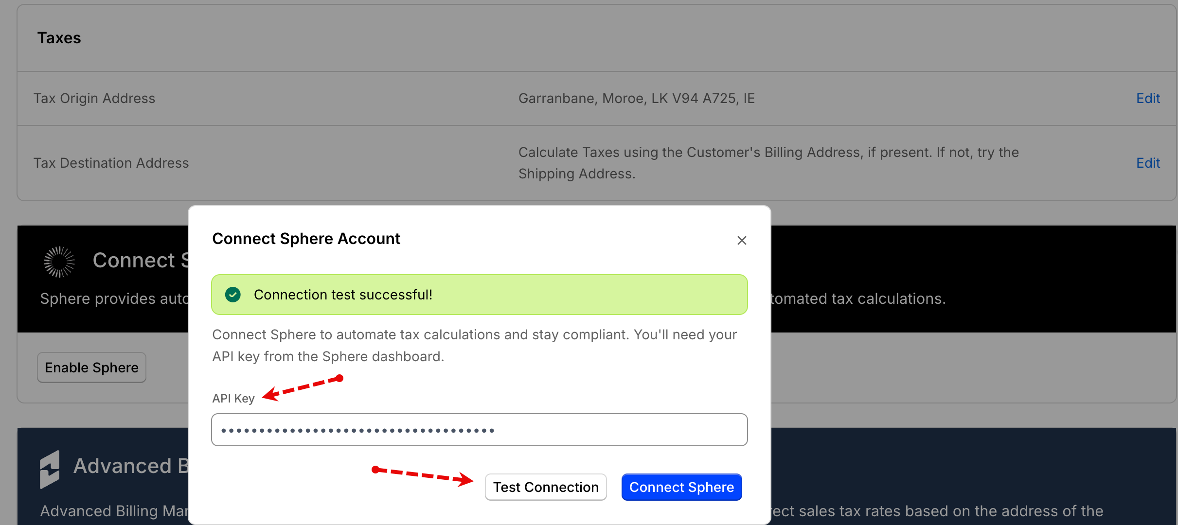 Sphere connect modal confirming the connection test succeeded