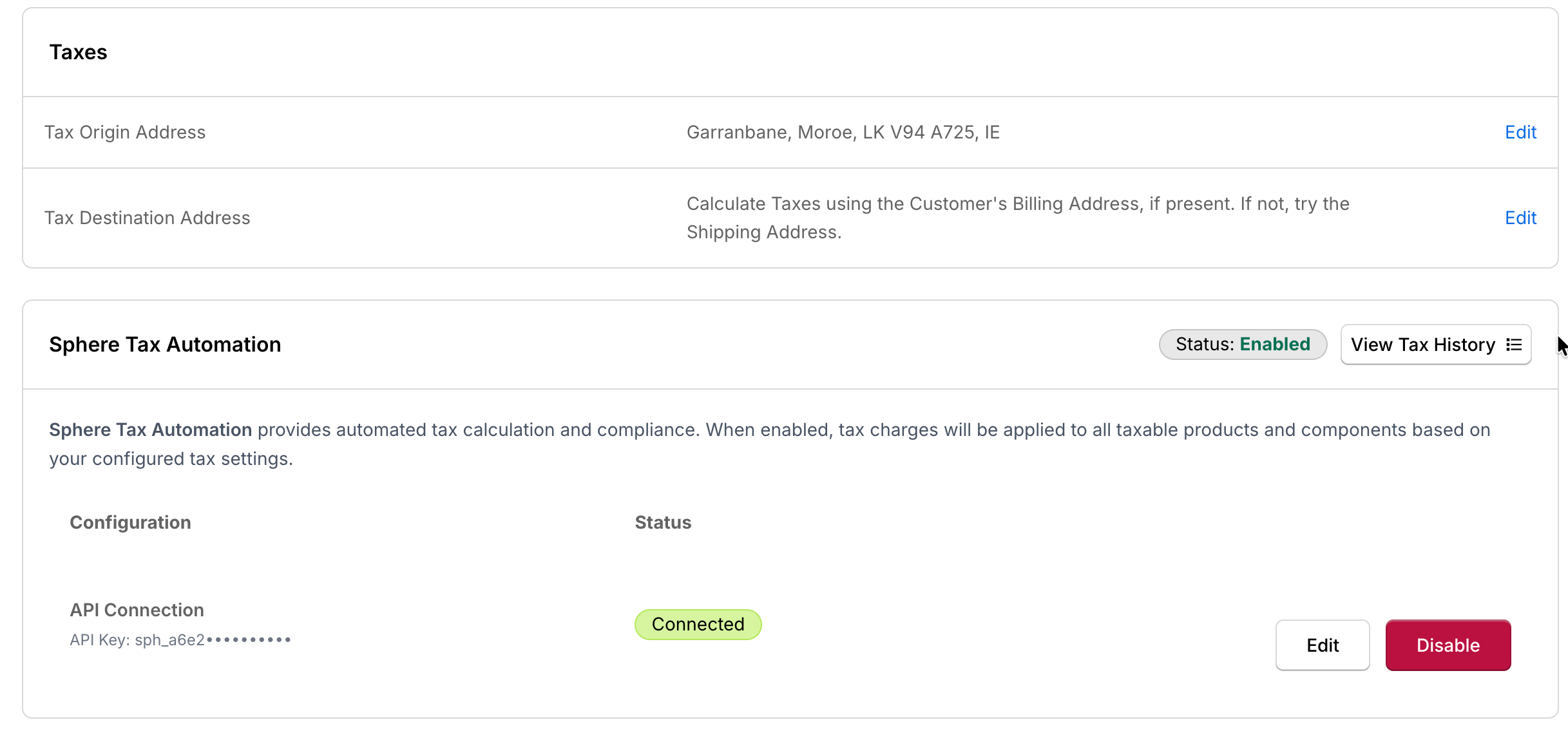 Sphere tax automation panel connected, with edit and disable controls and a masked key