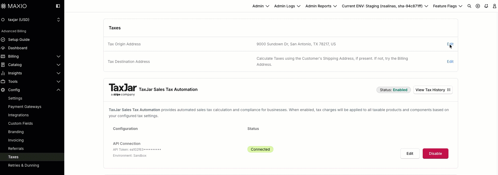 Recording of the tax origin address being set on the Maxio taxes settings page
