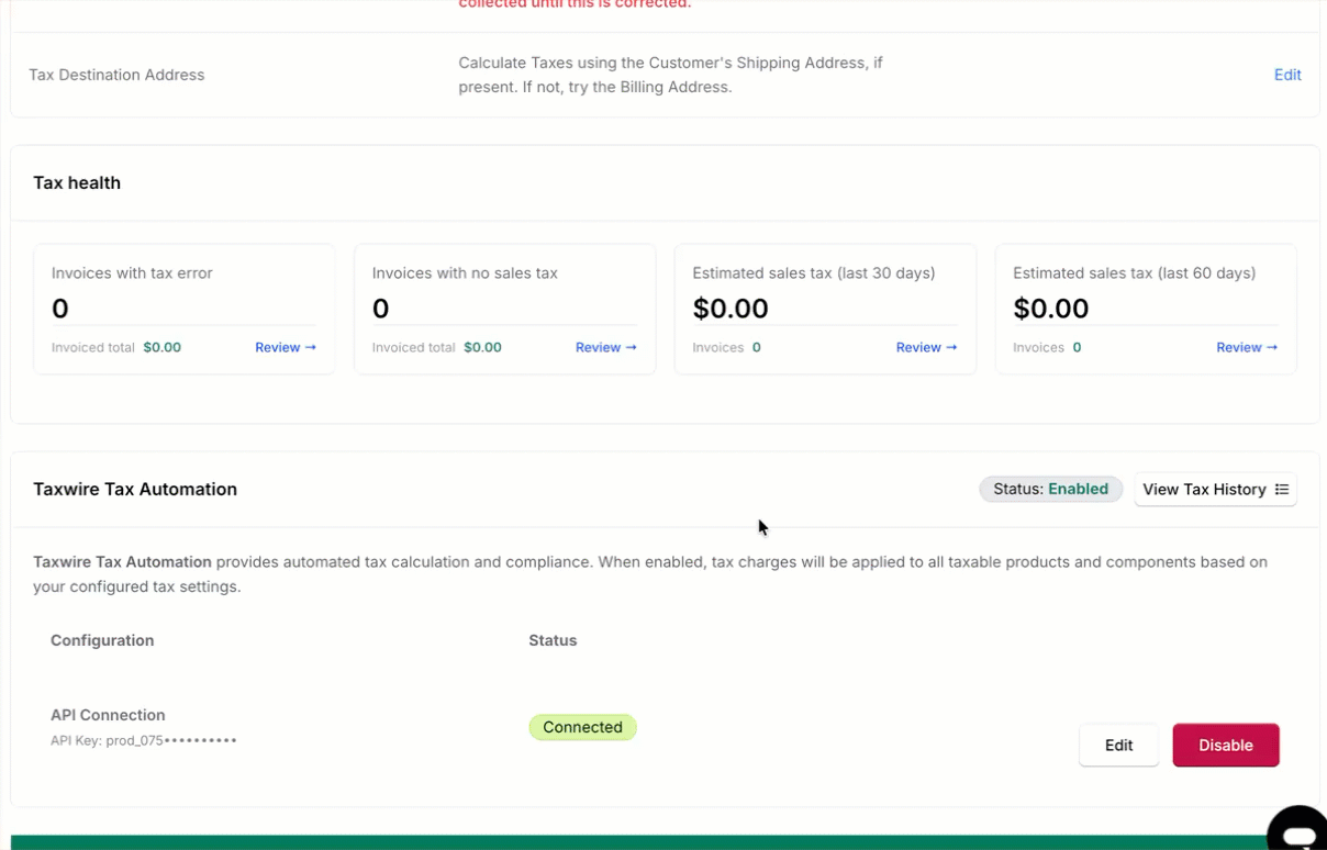 Recording of the tax origin address being entered and saved in the Tax Origin Address dialog on the Maxio taxes settings page