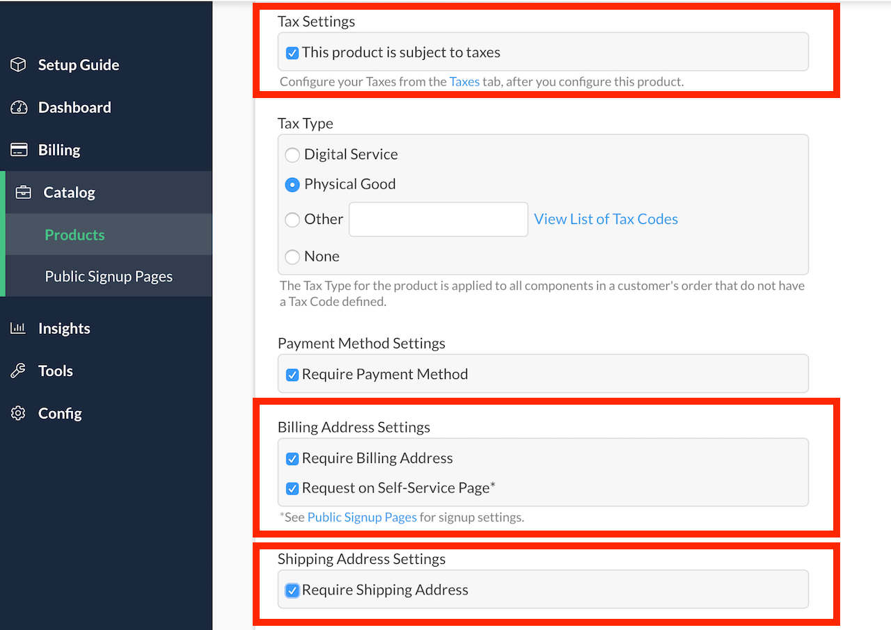 Product edit page with a checkbox marking the product subject to taxes and a link to the tax code list