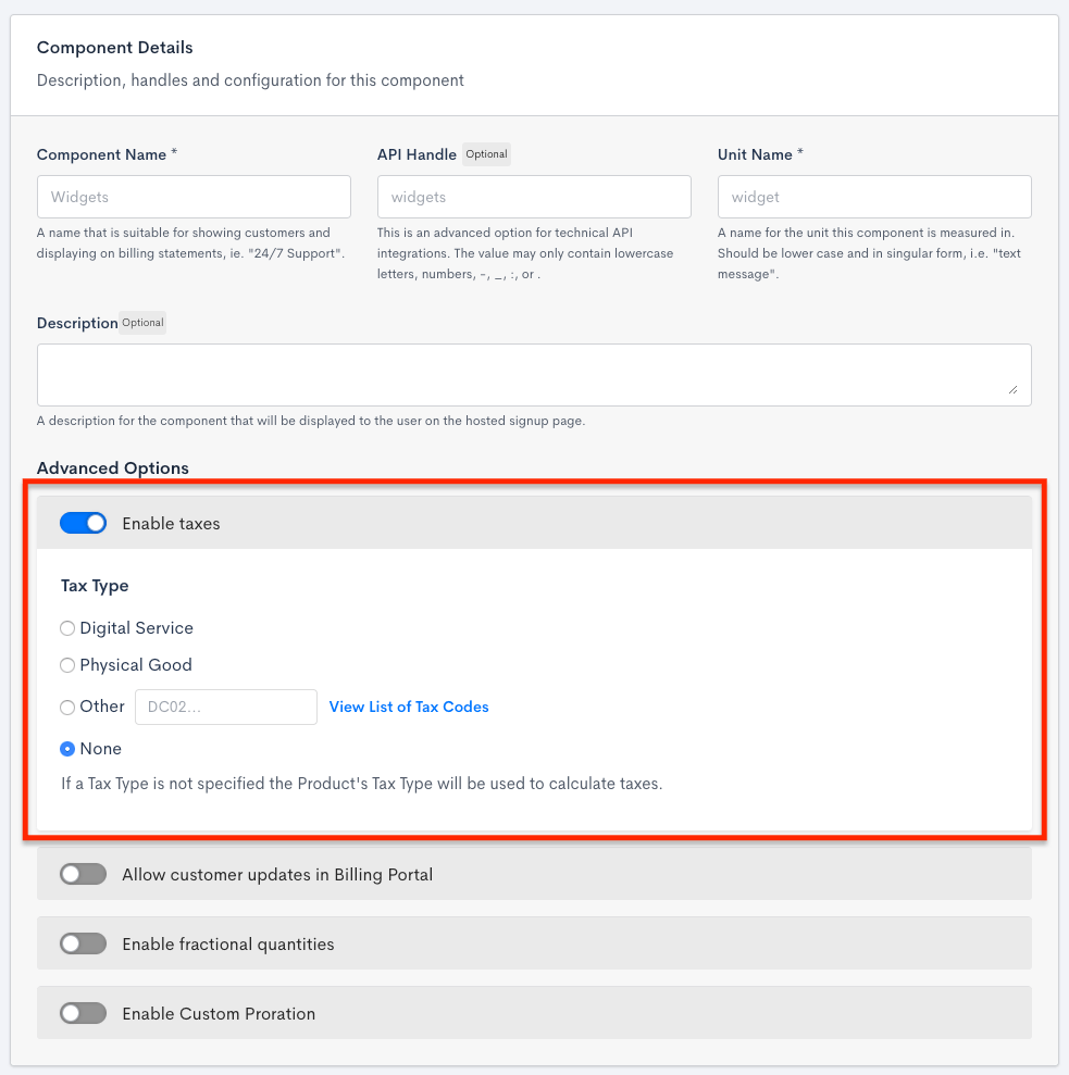 Component details with an enable taxes toggle and tax type options