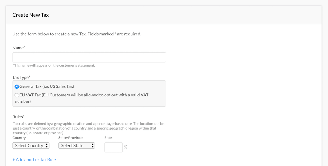 Create New Tax form with name, rate and type fields, a country selector and a link to add another rule