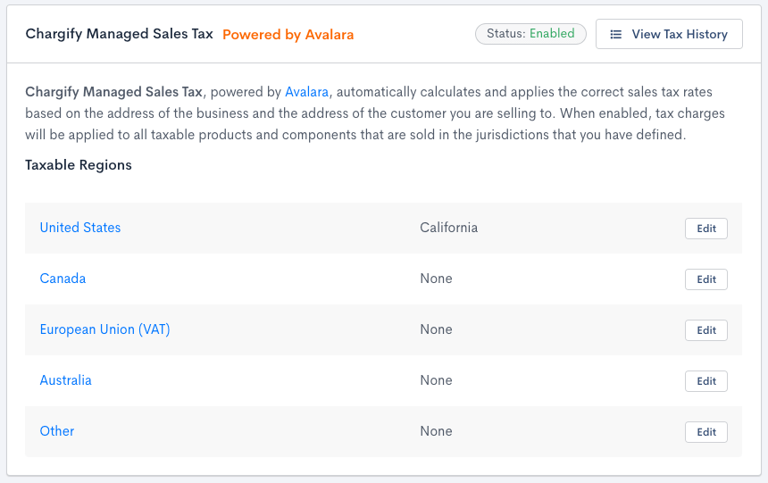 Managed sales tax panel enabled, with a taxable regions table covering the United States and Canada