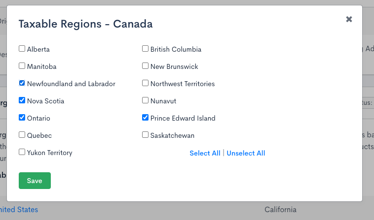 Taxable regions dialog for Canada, with a checkbox per province and territory
