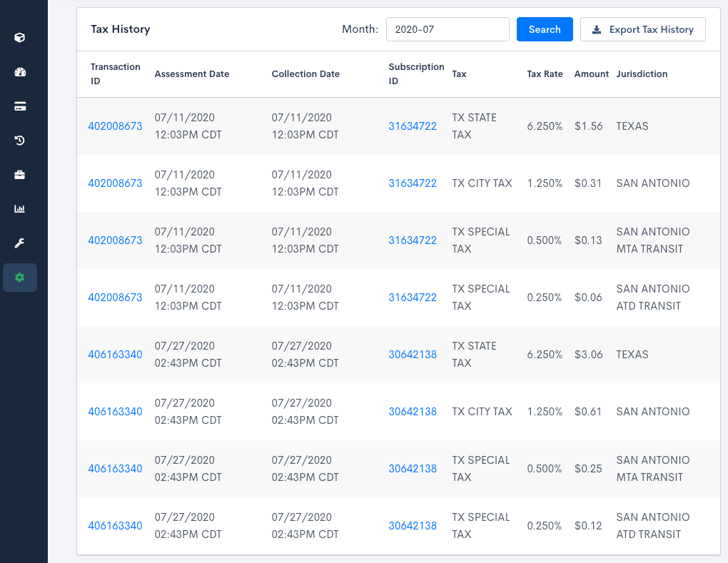 Tax history with a month filter, search and export control, each row carrying assessment and collection dates
