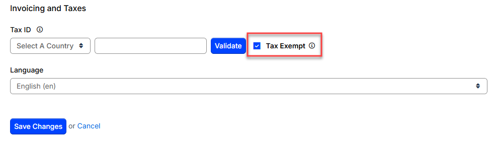 Invoicing and taxes section of a customer record, with a tax ID field, country selector and validate control
