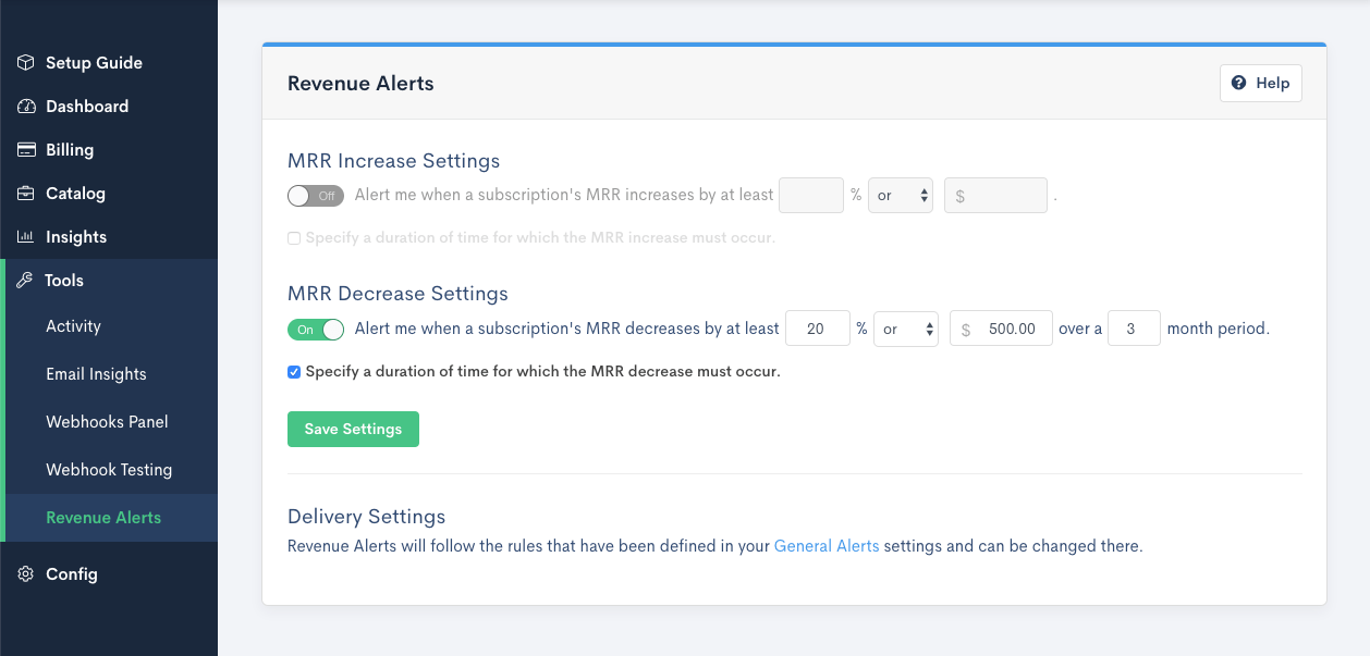 The Revenue Alert settings screen with a duration specified