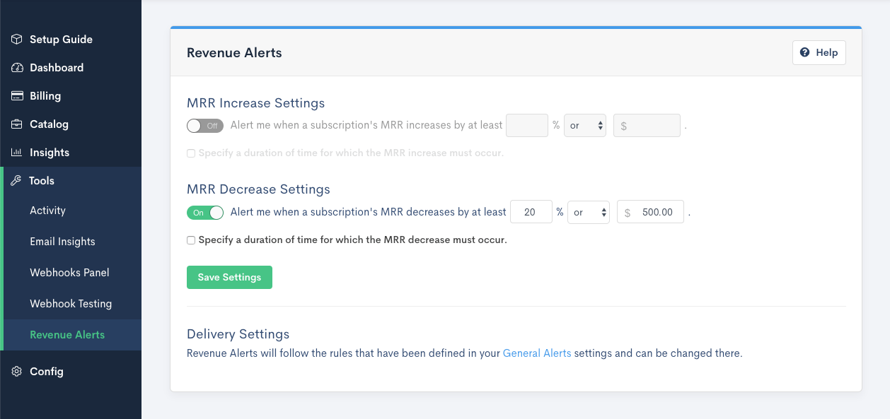 The Revenue Alert settings screen
