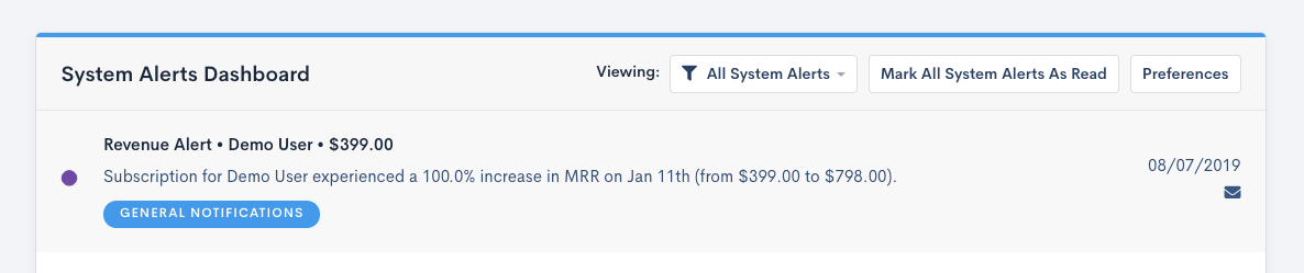 An in-app Revenue Alert notification