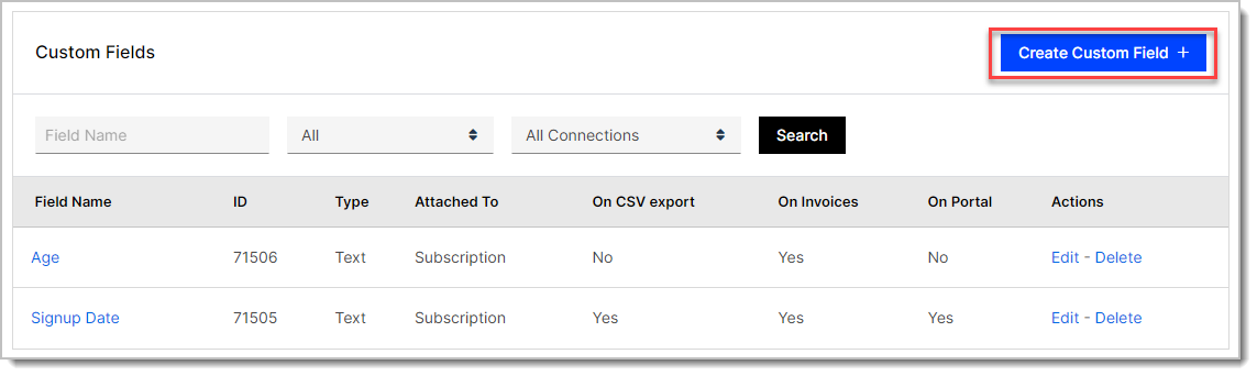 Custom Fields list with the Create Custom Field button highlighted, above columns for field name, ID, type, attached-to object and where the field appears
