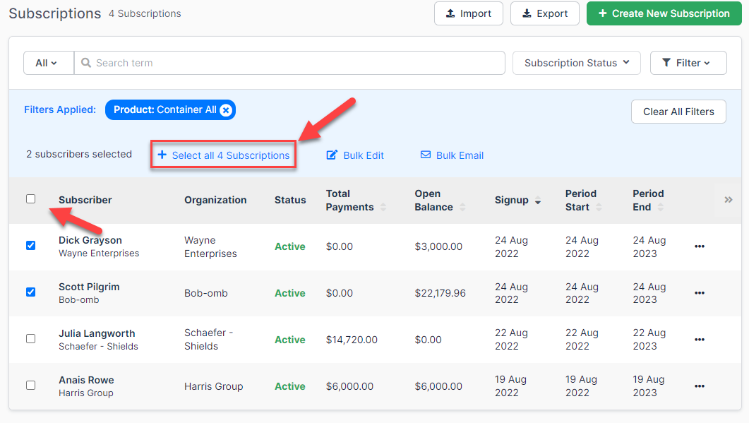 The selection bar showing the subscriber count and the Select all Subscriptions link