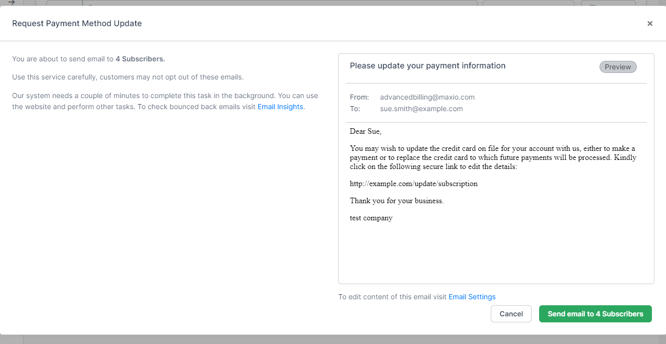 The Request Payment Method Update window with a preview of the email