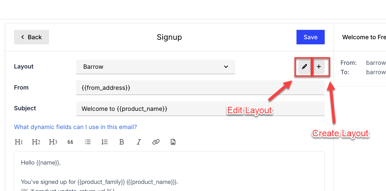 The layout editor showing the layout drop-down, the new-layout button, and the edit control