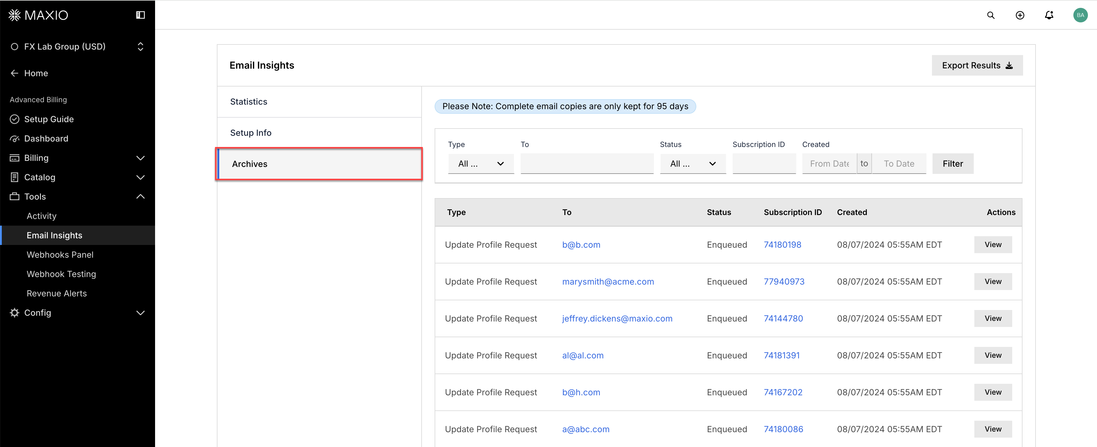 The Archives tab of Email Insights, showing the filter bar and results table
