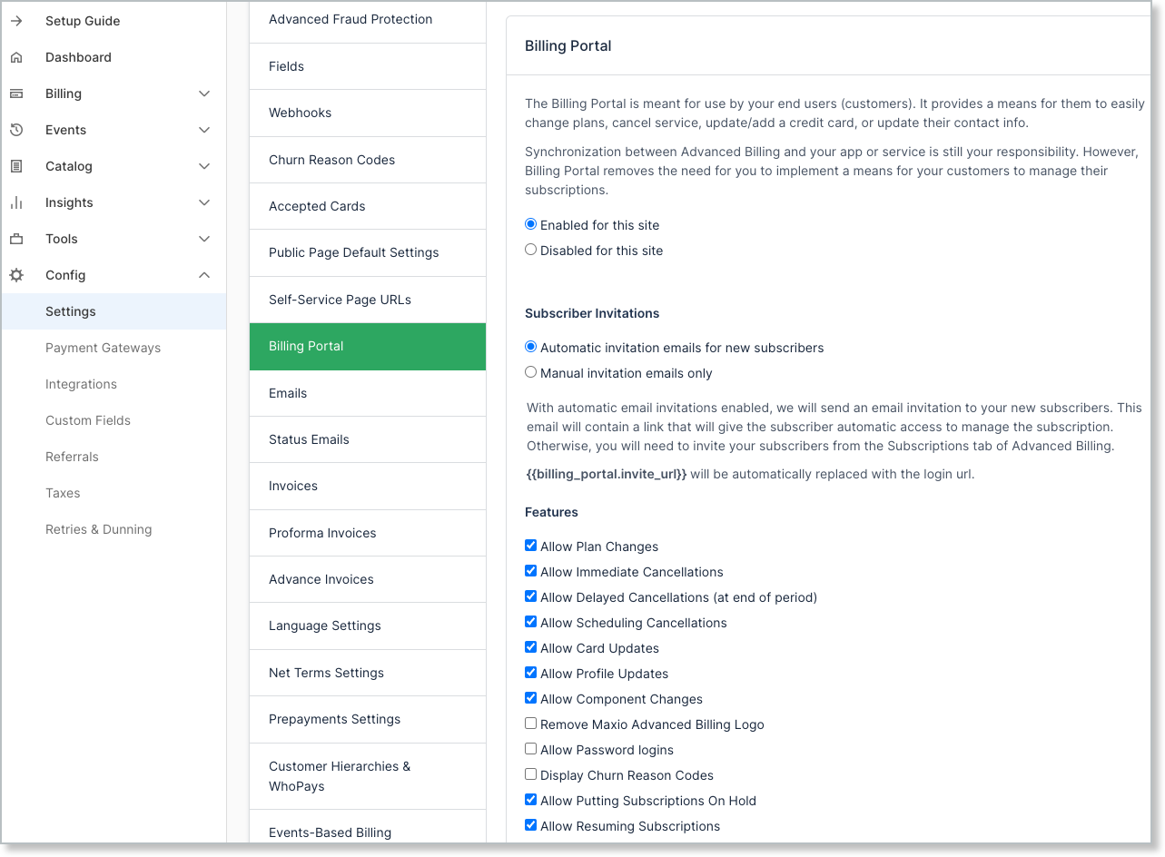 Billing Portal settings with subscriber invitation options and a features list covering plan changes, cancellations and card updates