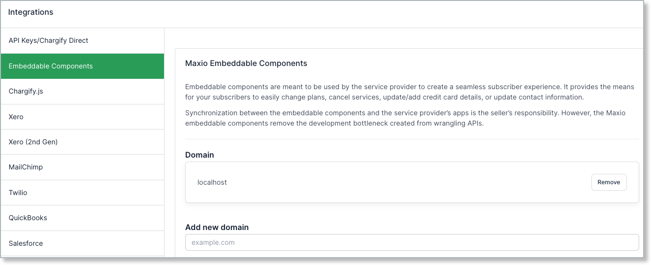Embeddable Components settings with an empty Domain field ready for the hosting domain