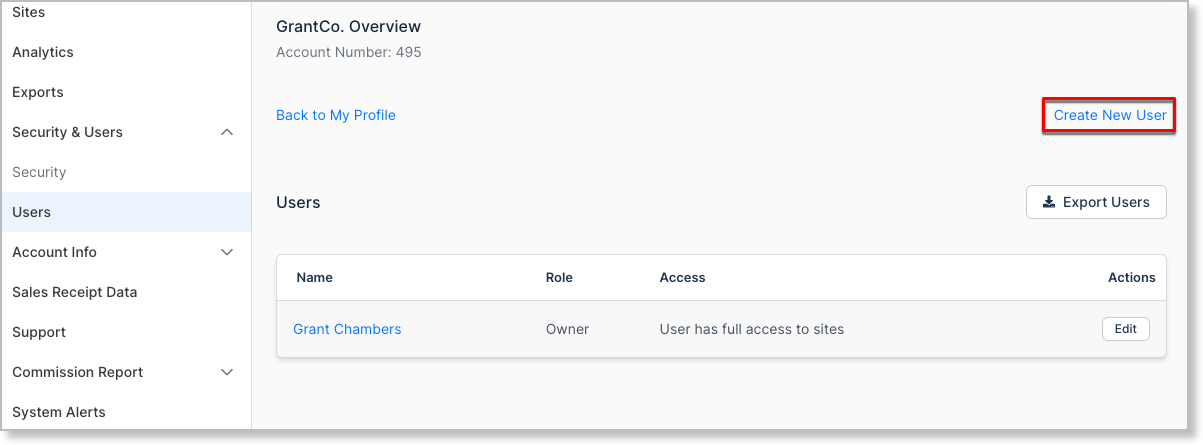 The Create New User control on the Users tab