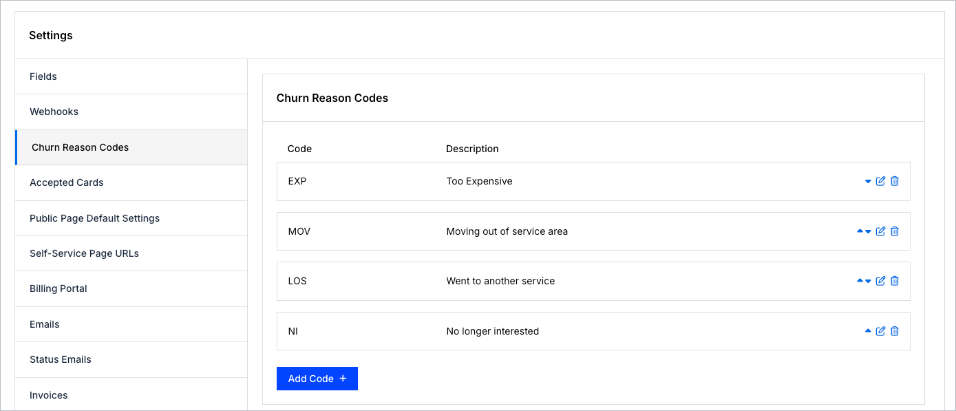 The Churn Reason Codes settings pane