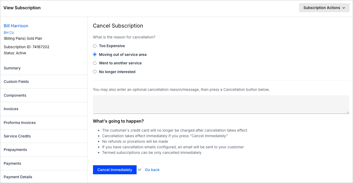 The cancellation screen showing the Churn Reason Code options