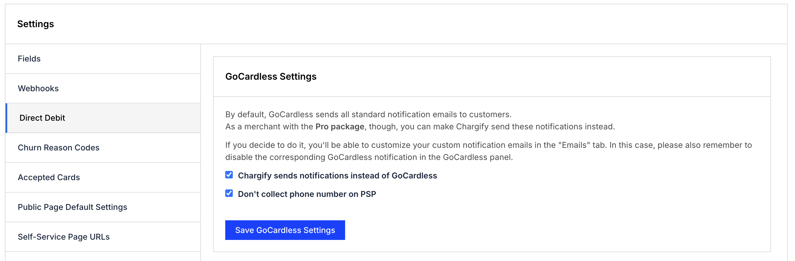 The GoCardless Settings section of the Direct Debit pane