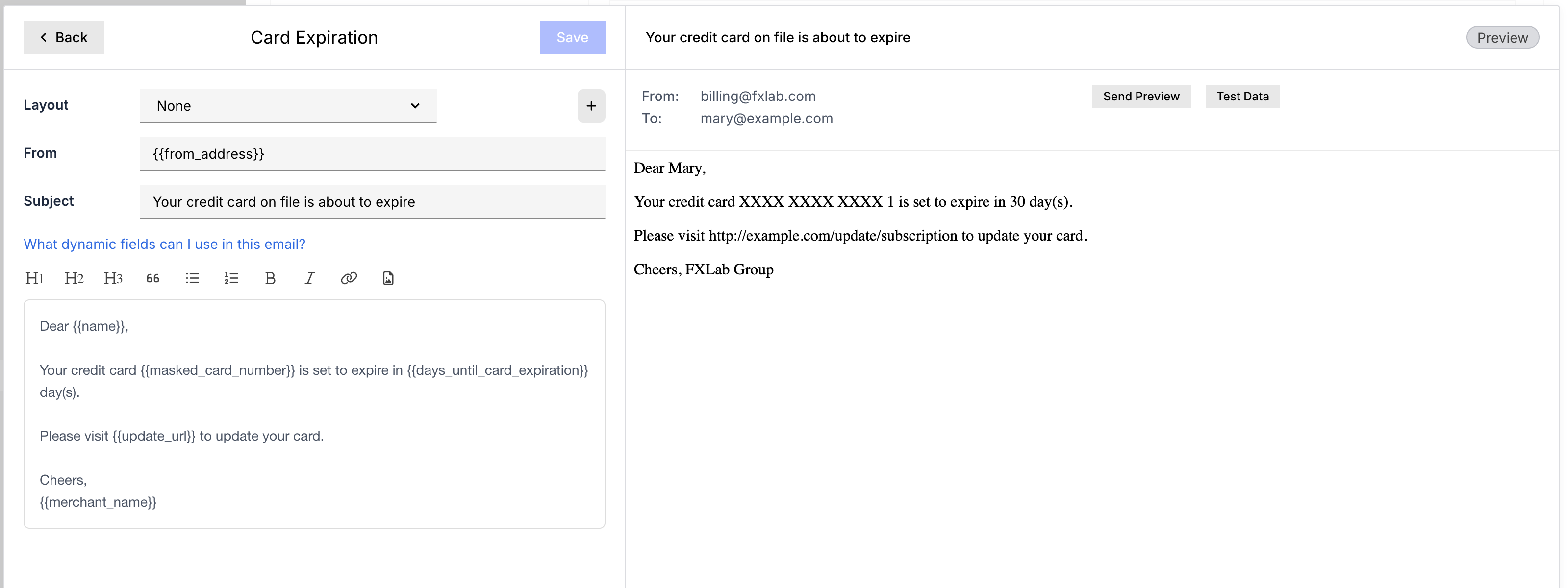 Card Expiration email template editor beside a live preview, the merge fields resolved to a customer name, masked card number and days until expiry