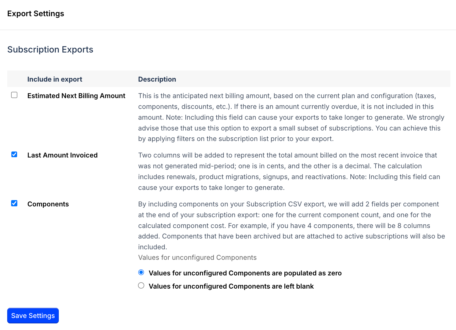 The CSV Exports settings pane