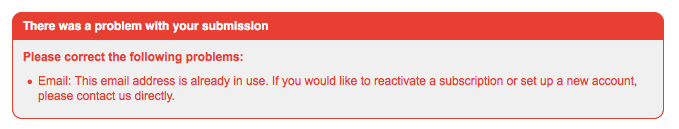 The duplicate email error shown on a Public Signup Page