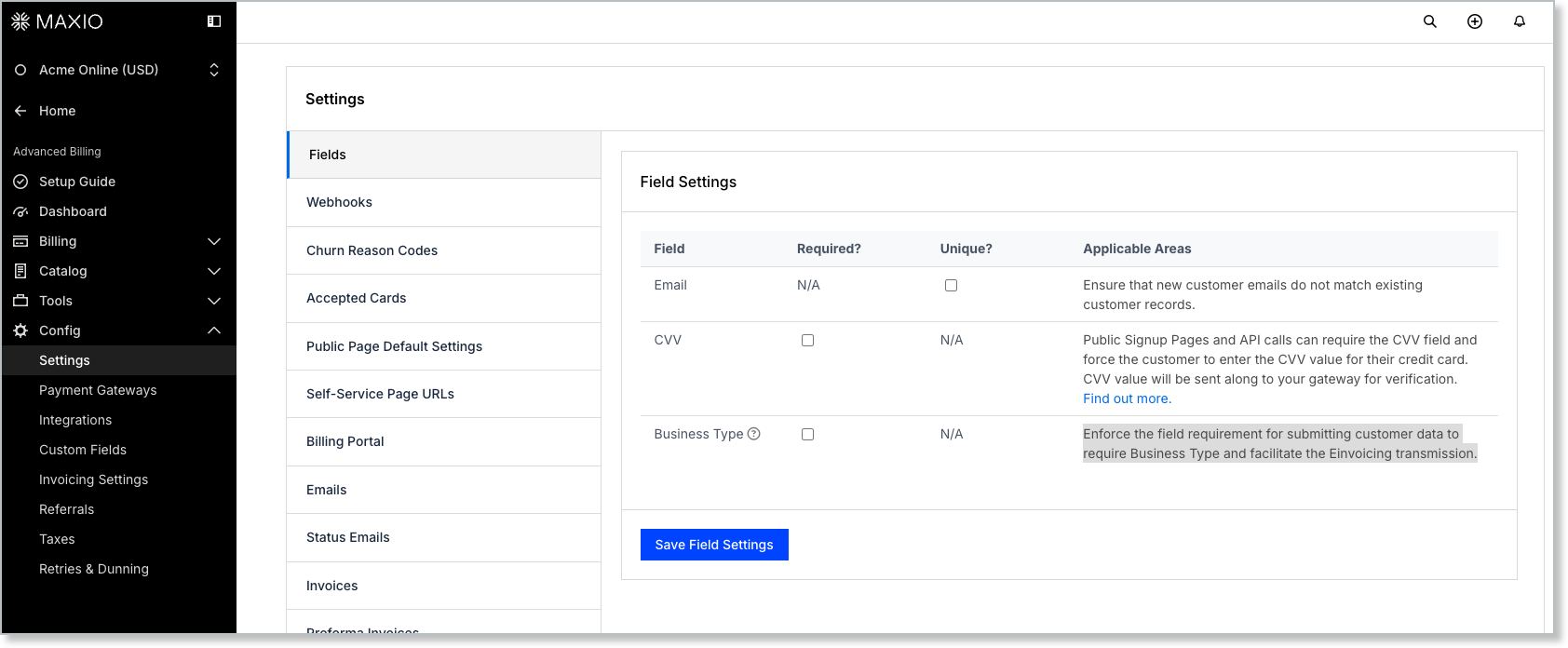 The CVV Required setting in the Fields pane