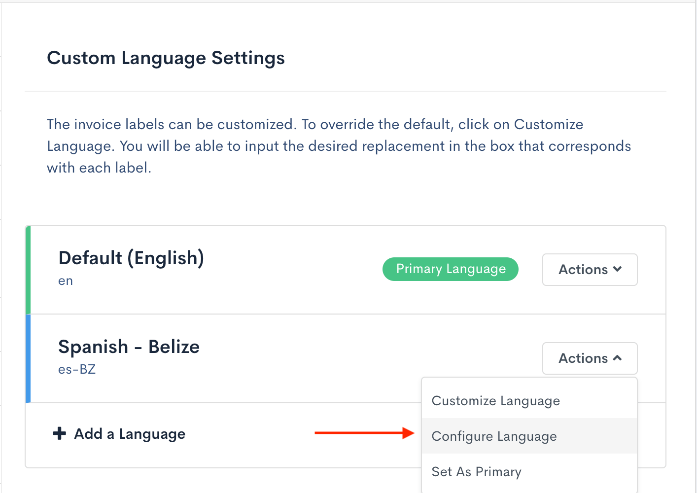 Language settings with a second language added and its Actions menu open on Customize, Configure and Set As Primary, with Configure Language arrowed