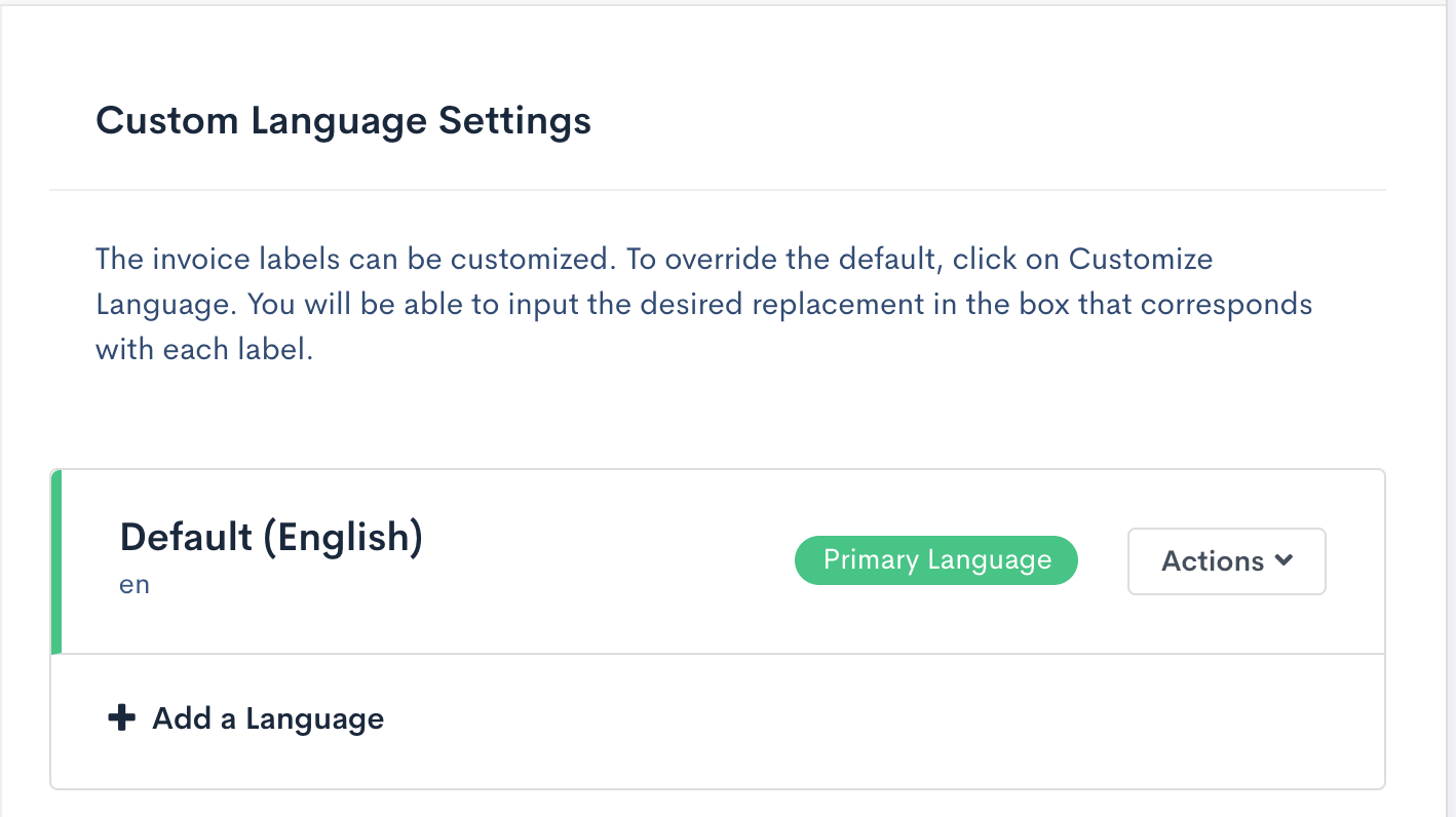 Custom Language Settings with only the default English present as primary language, above an Add a Language control