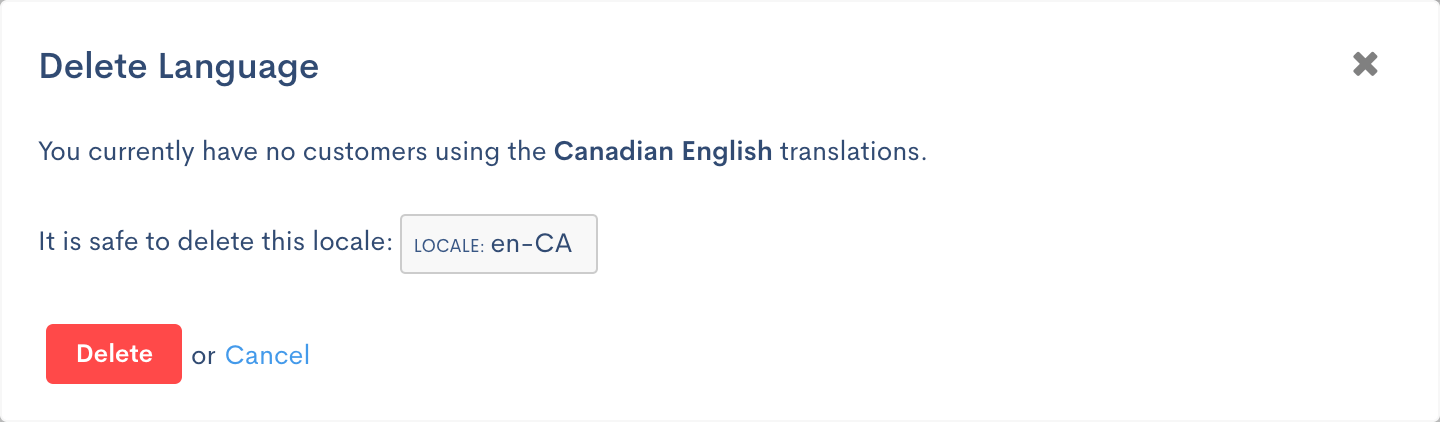 Delete Language dialog confirming no customers use the locale and that it is safe to delete
