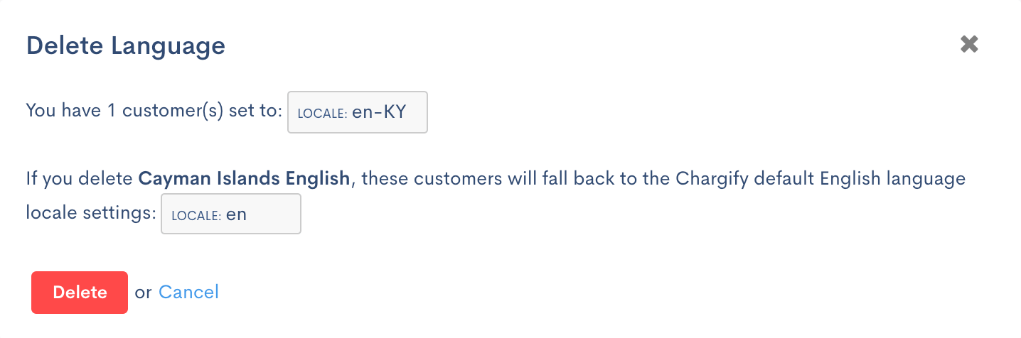 Delete Language dialog warning that one customer uses this locale and will fall back to the default English locale