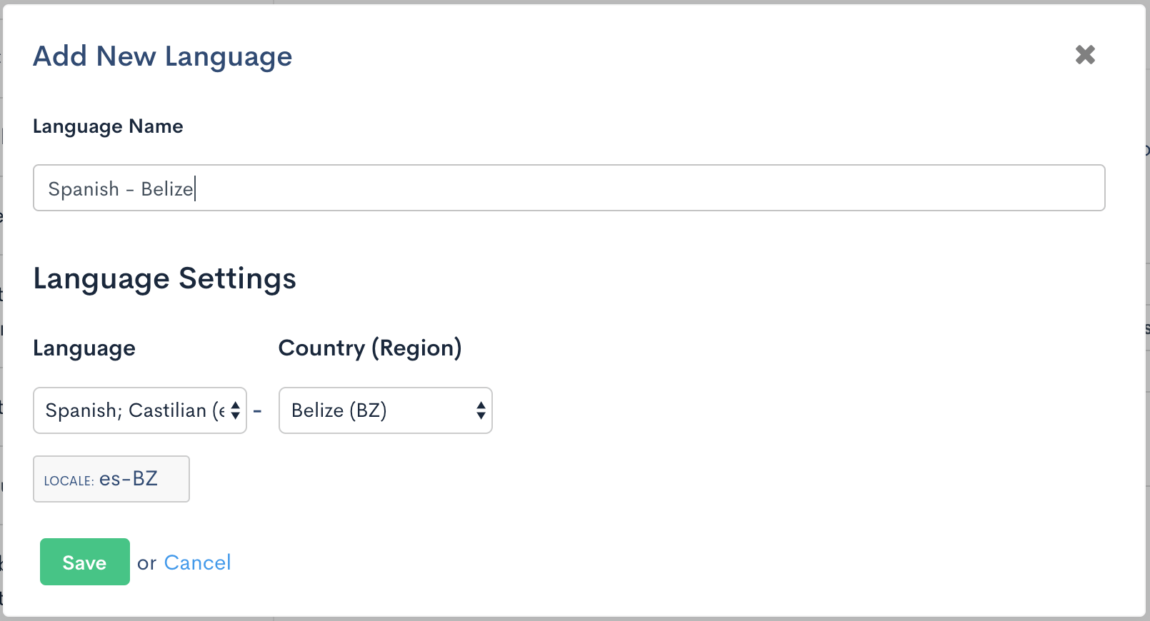 Add New Language dialog with language and country selectors producing a locale code