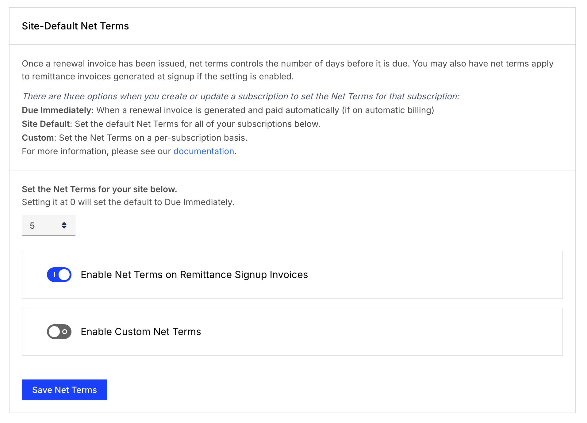 The Net Terms settings pane
