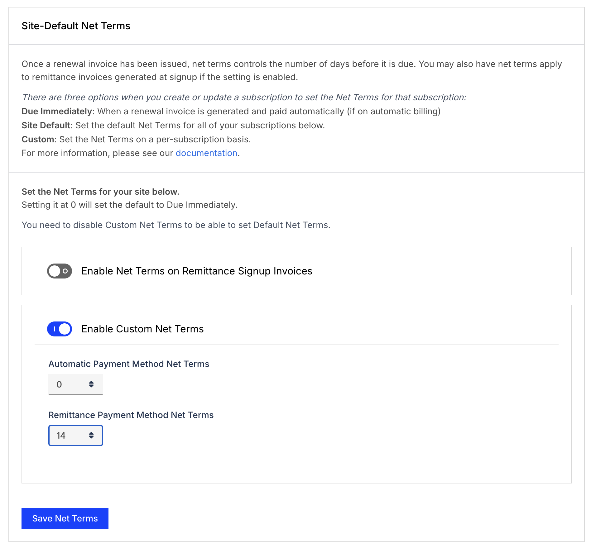 The Custom Net Terms settings, with separate automatic and remittance values