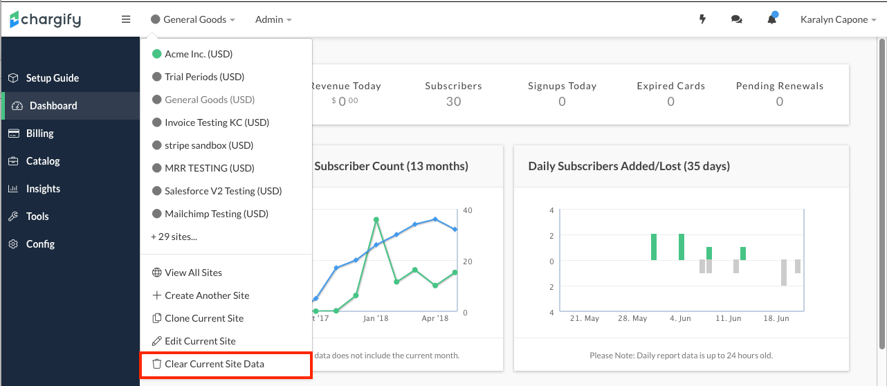 The Clear Current Site Data option in the site menu